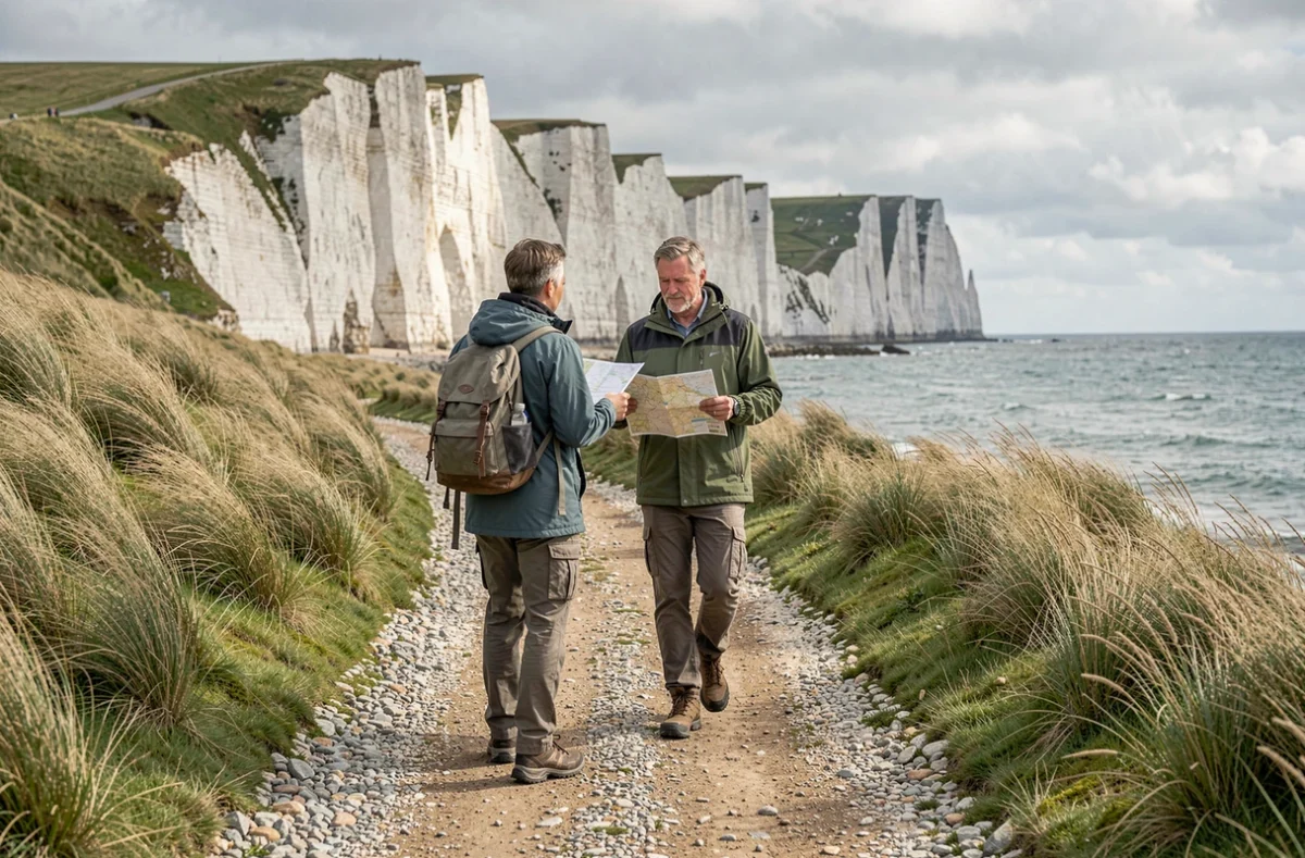 Couple marchant sur le sentier d'accès aux falaises d'Ault depuis le parking