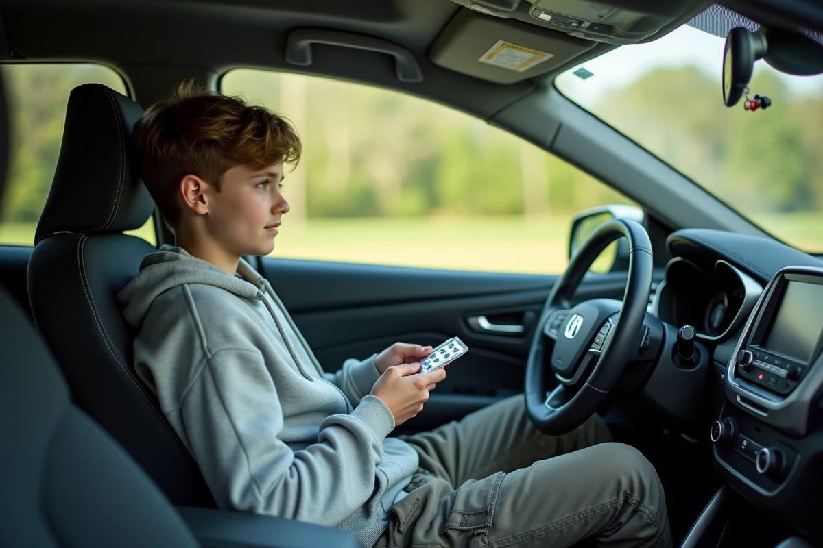 Adolescent en voiture regardant la route avec un blister de médicaments