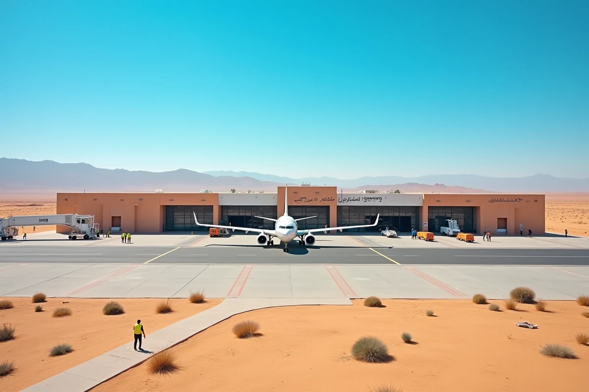 Vue extérieure de l'aéroport Al Massira d'Agadir avec un avion low cost stationné sur le tarmac au Maroc