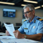 Agent de douane en uniforme examine des documents