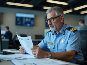 Agent de douane en uniforme examine des documents