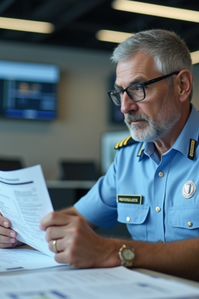 Agent de douane en uniforme examine des documents