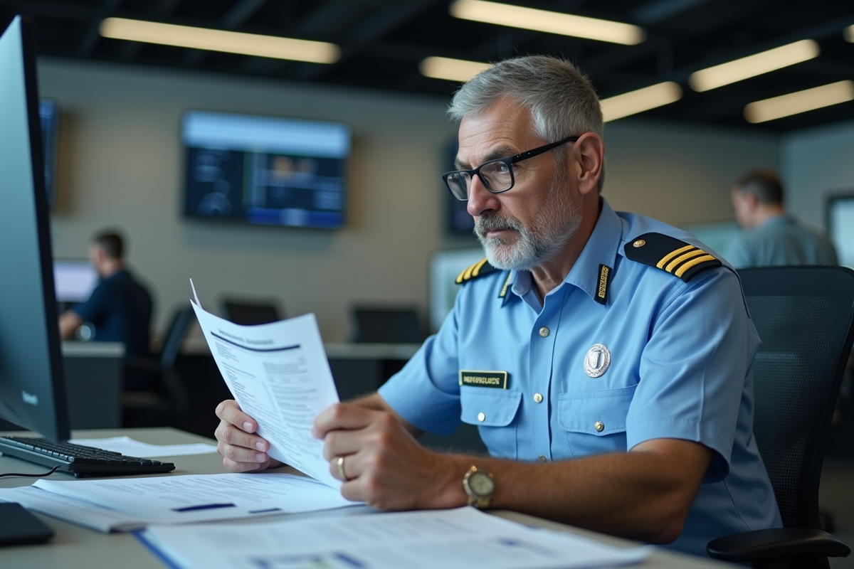 Agent de douane en uniforme examine des documents