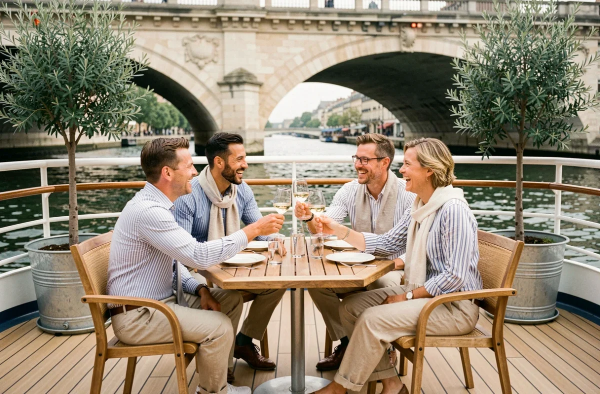 Groupe d'amis parisiens profitant d'un apéritif sur le pont terrasse d'un bateau de croisière fluviale