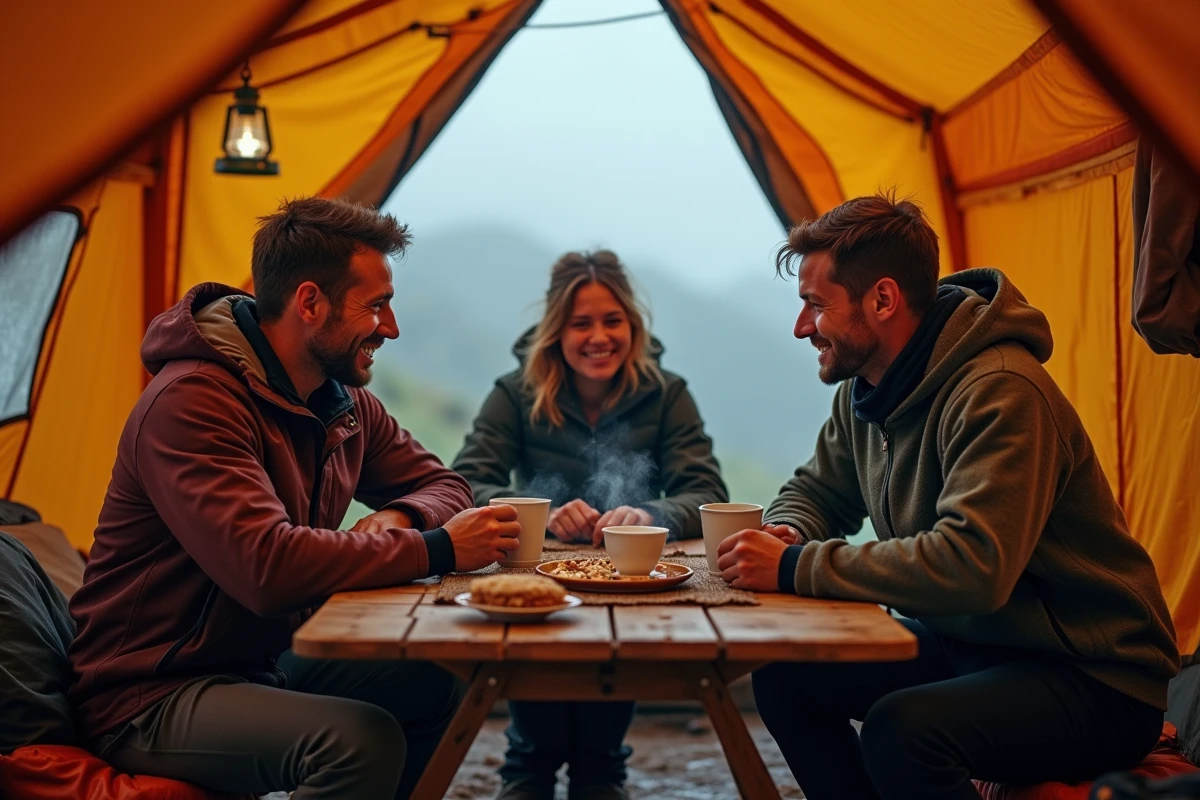 Amis se reposant dans un camp de tente en altitude sur le Kilimandjaro autour d'un thé chaud