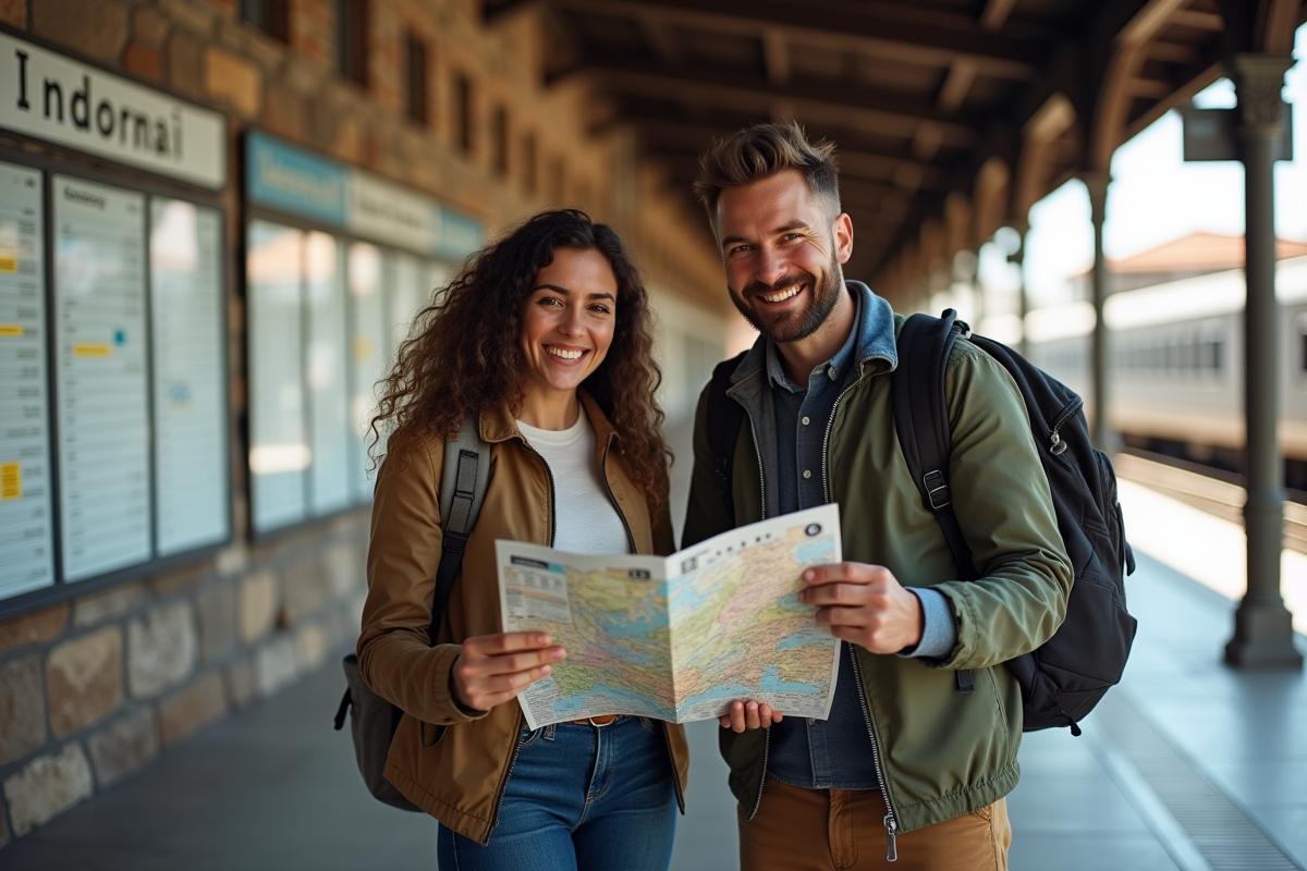 Deux amis sur une plateforme de train à Tirana regardant une carte