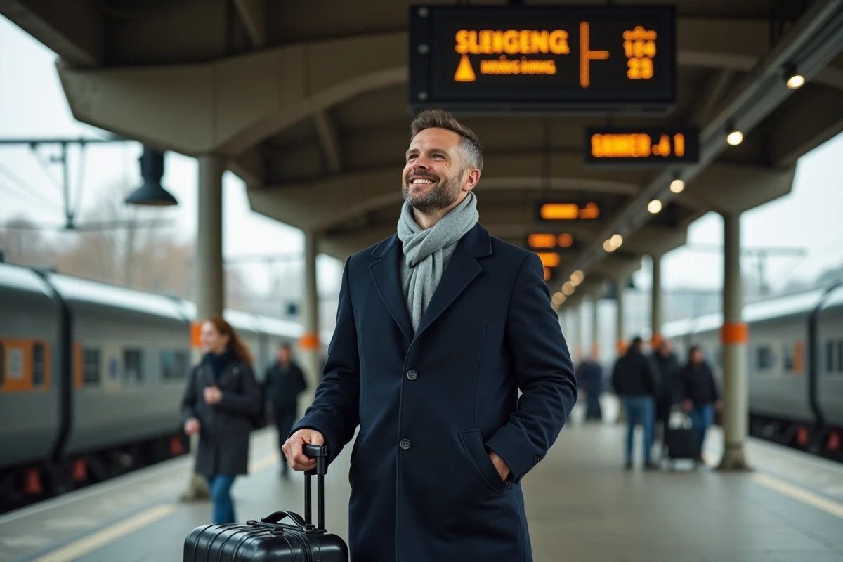 Voyageur arrivant à la gare de Heidelberg Hauptbahnhof avec une valise après un trajet depuis Paris