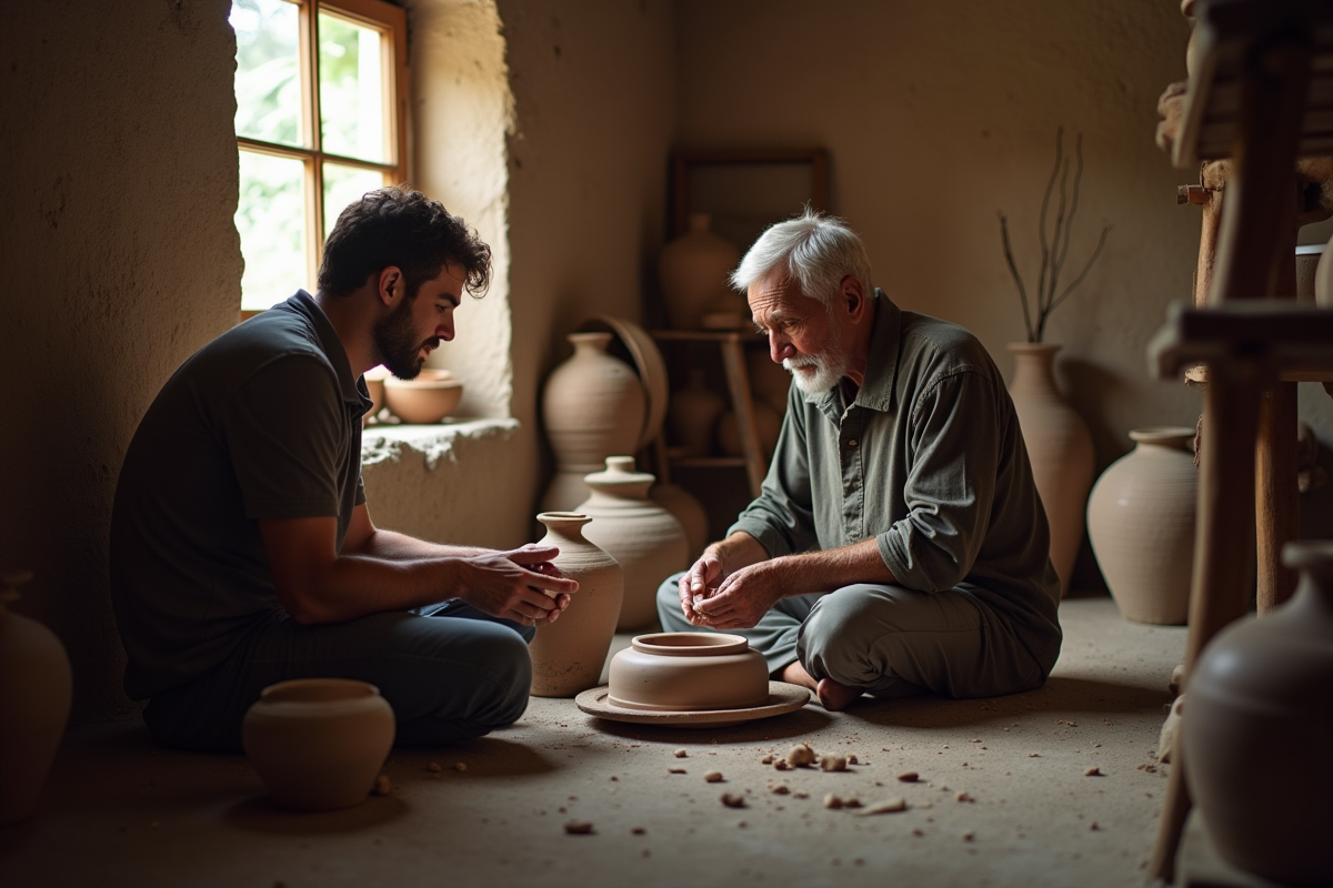 Voyageur seul avec un artisan créant une poterie traditionnelle