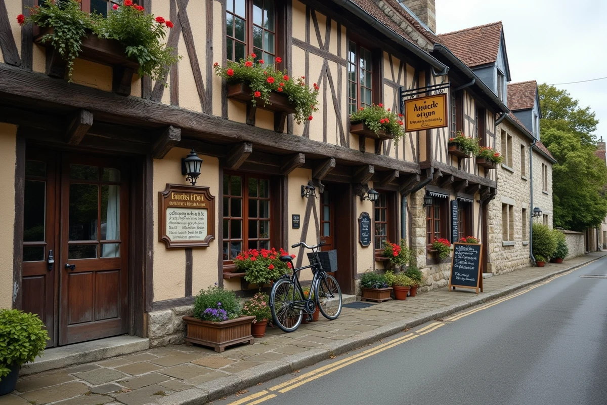 Auberge normande à colombages avec terrasse en pierre et vélo, architecture typique de Normandie