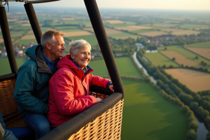Couple souriant dans un ballon au-dessus des champs européens