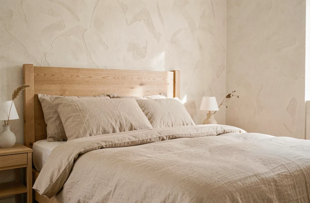 Chambre épurée du Bed and Beige à Linas, décoration minimaliste beige avec tête de lit en chêne et linge de lit en lin naturel