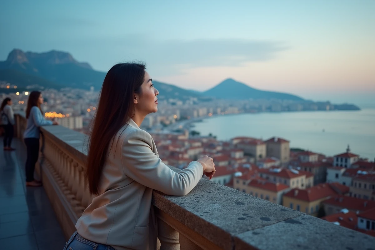 Femme admirant le panorama de Naples et du Vésuve depuis un belvédère au coucher du soleil