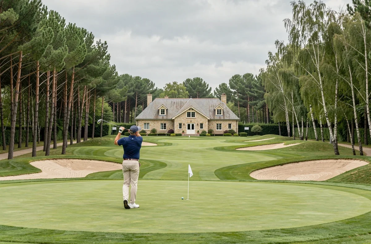 Parcours de golf du Best Western Plus Le Fairway Hotel and Spa Golf d'Arras avec golfeur en plein swing