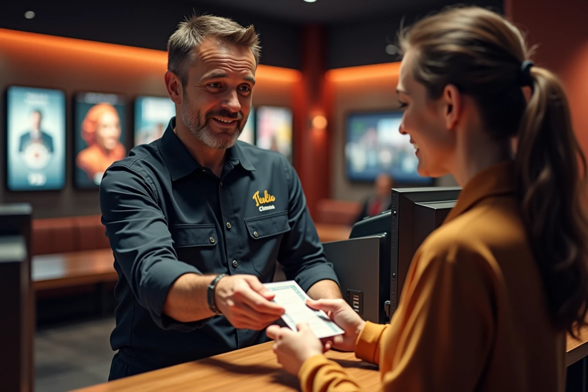 Employé de cinéma remettant un billet à une cliente souriante