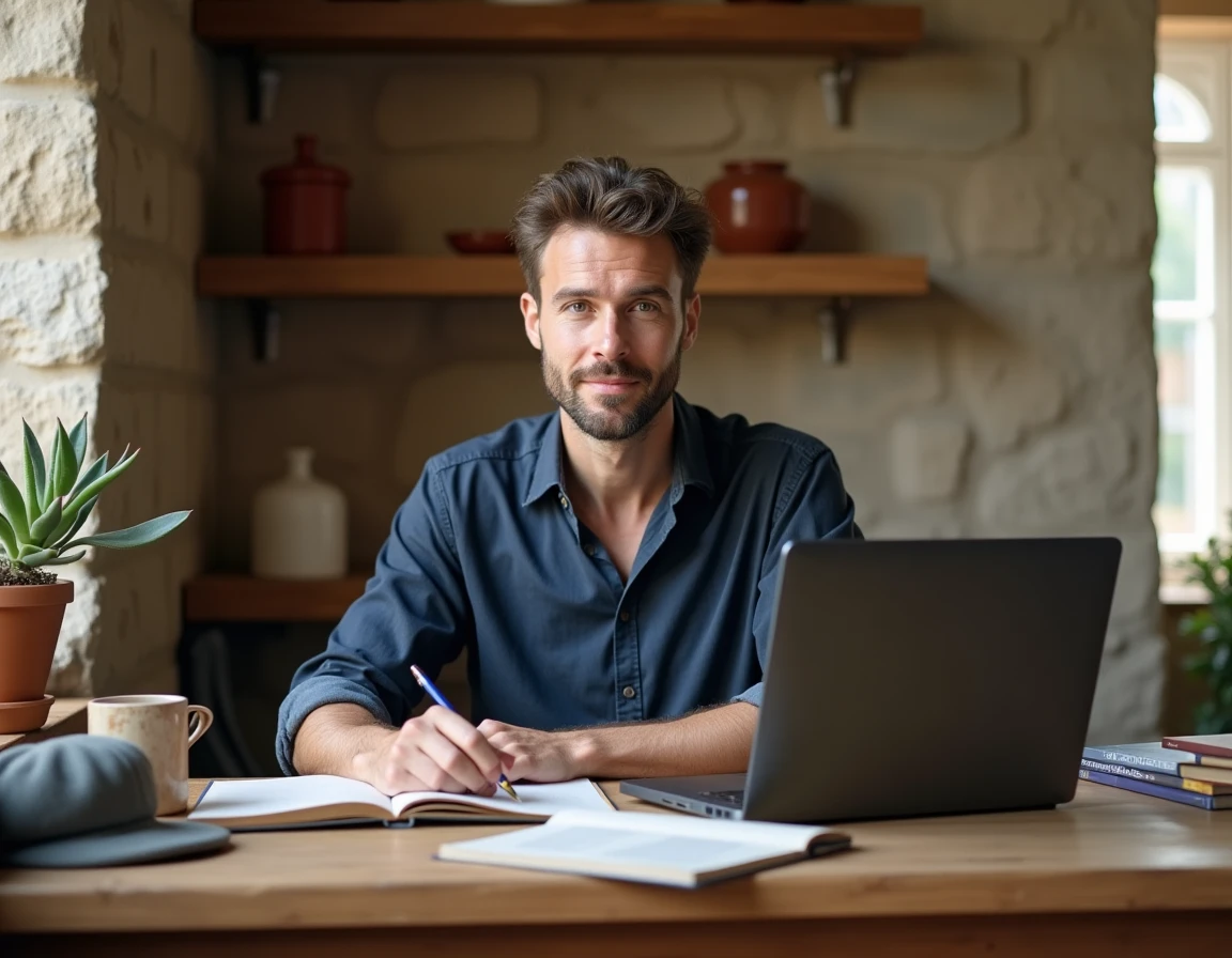 Homme assis à un bureau rustique en pierre travaillant sur un blog culturel basque entouré de livres, d'artisanat local et d'un béret txapela