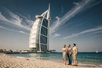 Le Burj Al Arab vu depuis la plage de Jumeirah à Dubaï avec un couple élégamment habillé respectant le code vestimentaire