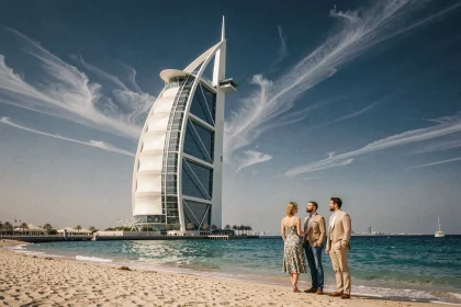 Le Burj Al Arab vu depuis la plage de Jumeirah à Dubaï avec un couple élégamment habillé respectant le code vestimentaire