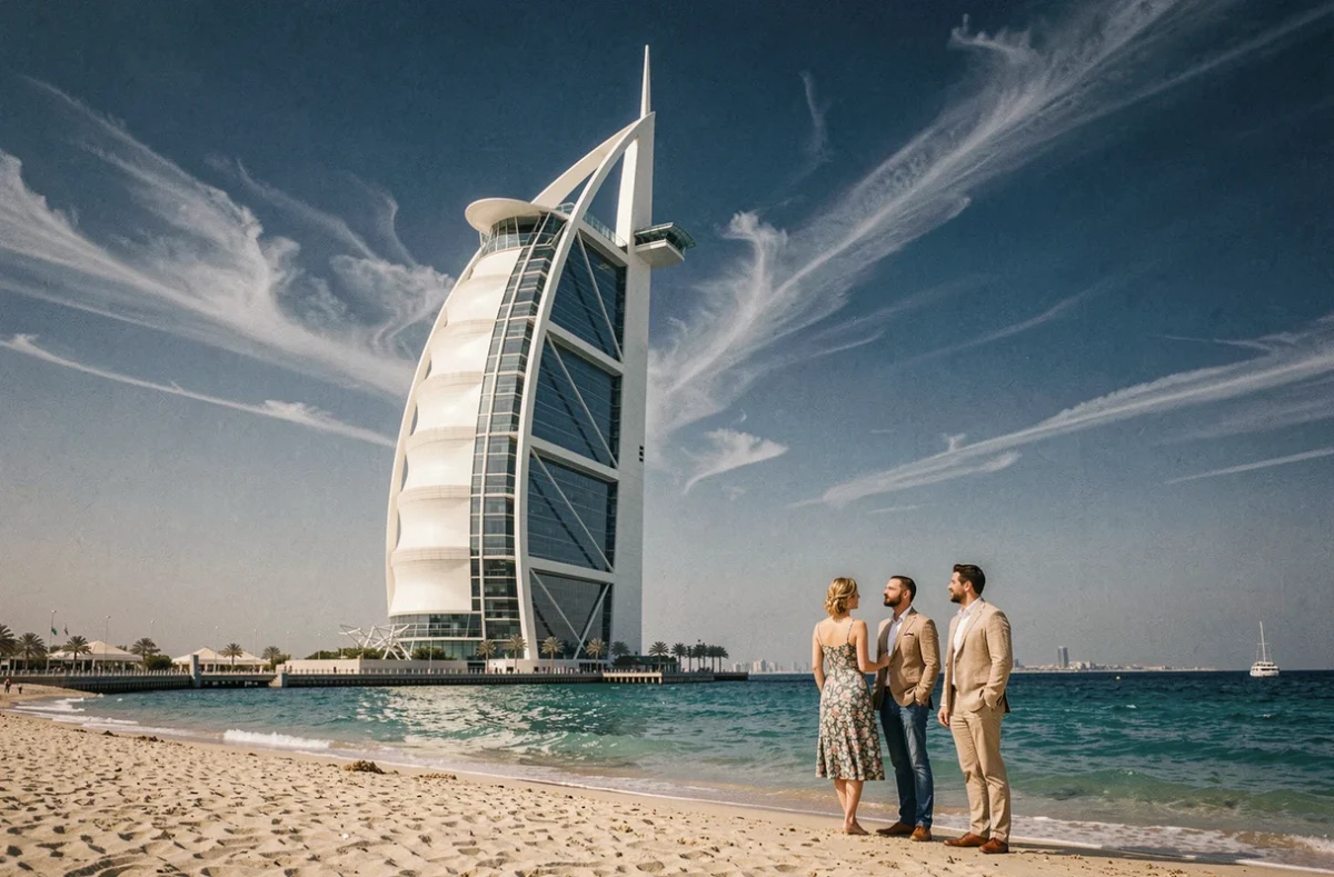 Le Burj Al Arab vu depuis la plage de Jumeirah à Dubaï avec un couple élégamment habillé respectant le code vestimentaire