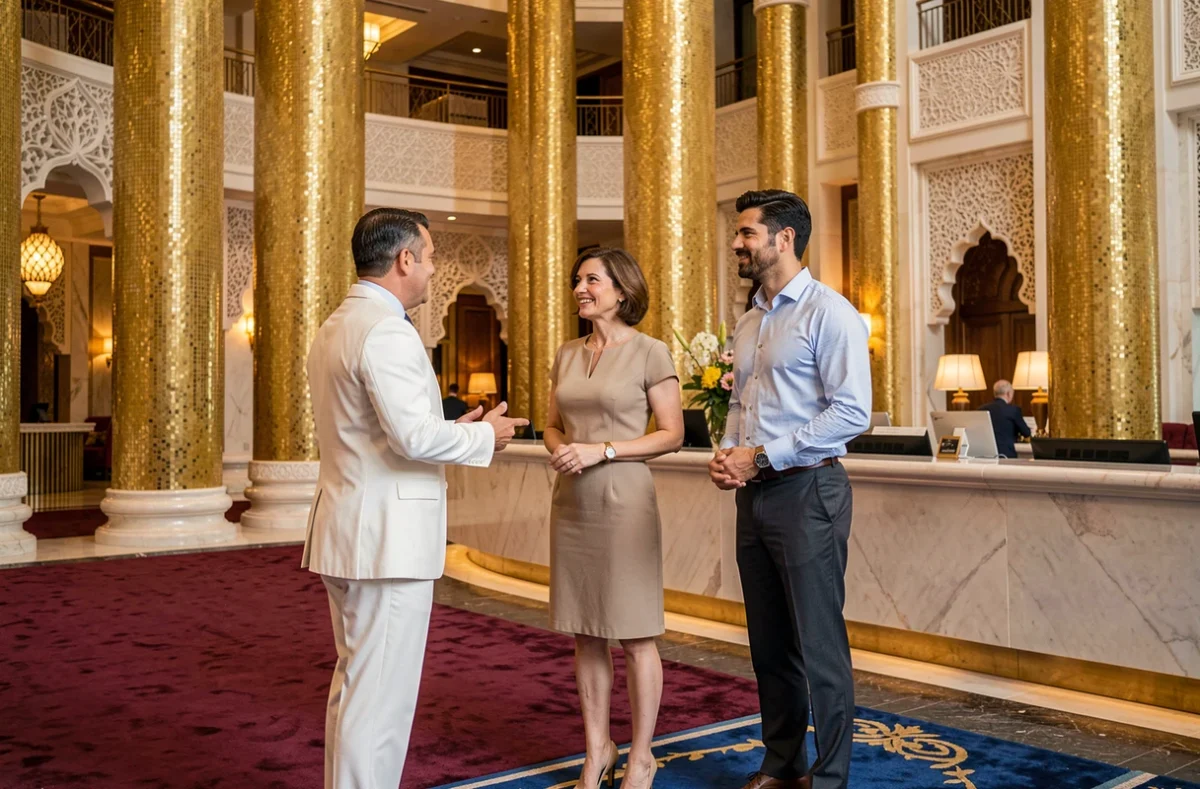 Intérieur luxueux du hall du Burj Al Arab avec des visiteurs respectant le code vestimentaire strict de l'hôtel