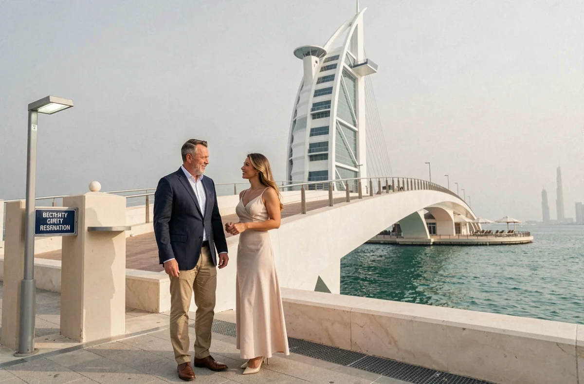 Pont d'accès privé du Burj Al Arab à Dubaï avec contrôle d'entrée et visiteurs correctement habillés