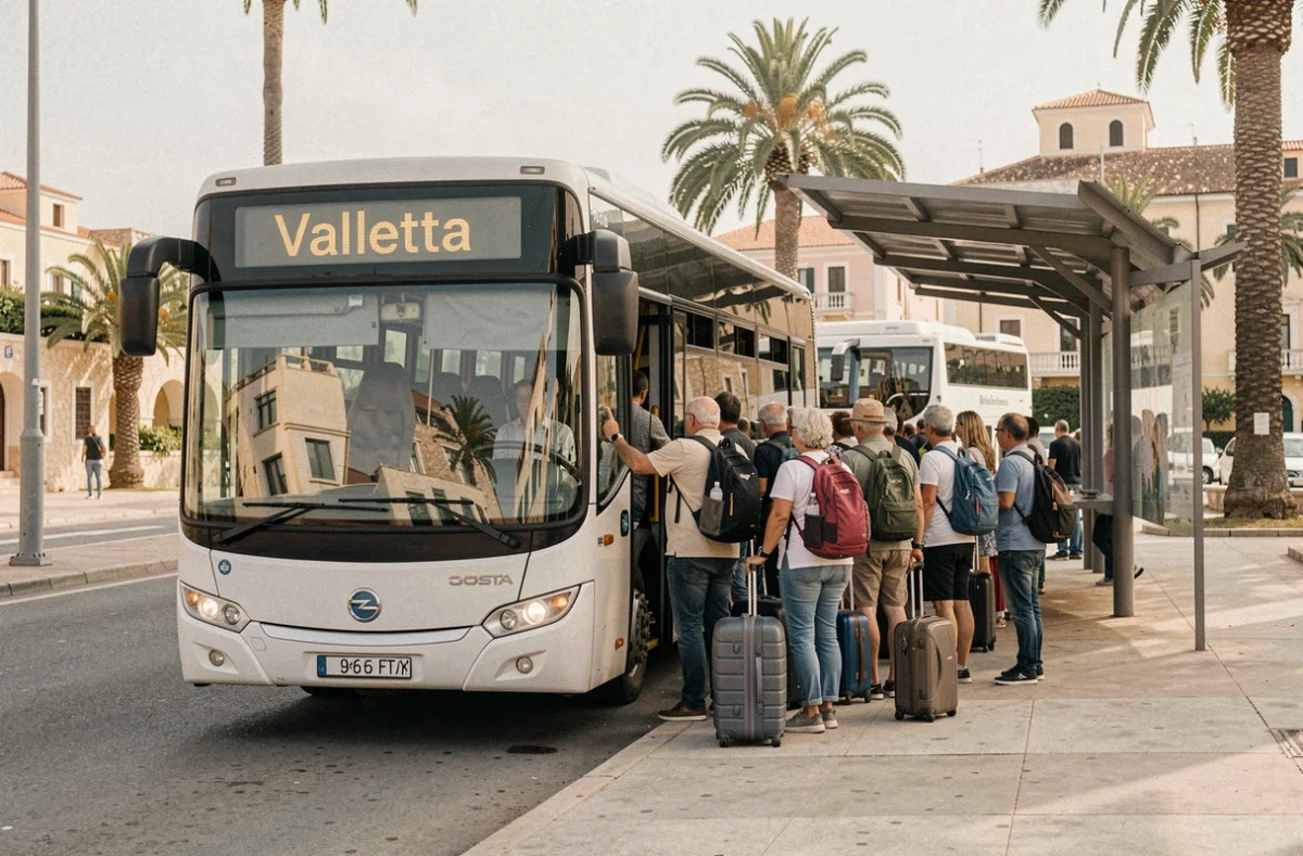 Bus public direction La Valette avec des voyageurs montant à bord à l'arrêt de l'aéroport de Malte