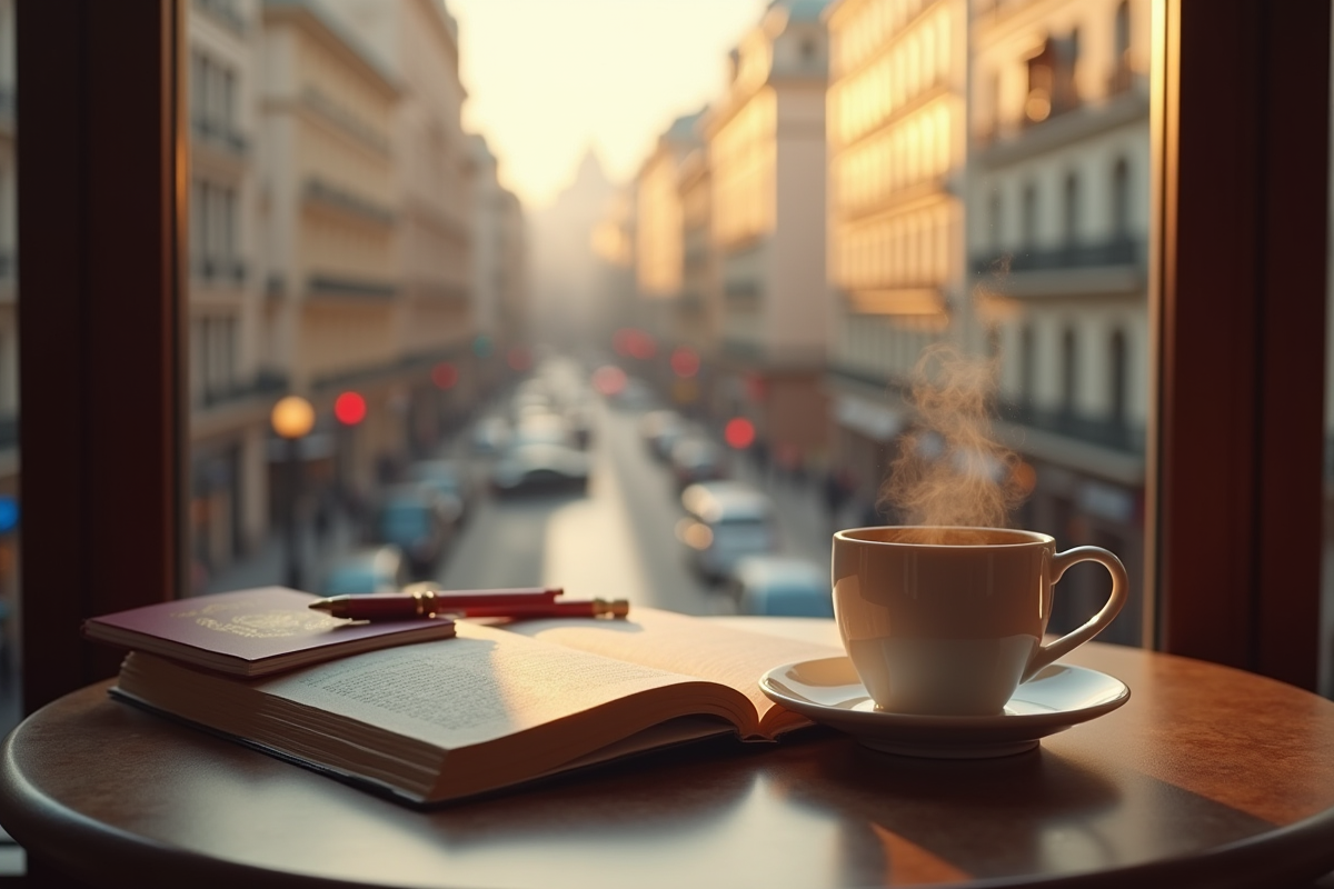 Café cosy avec journal et passeport lors d’un voyage