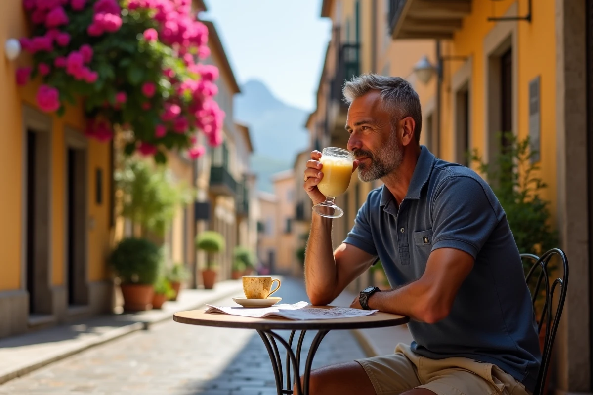 Touriste dégustant une granita au citron dans un café de rue à Taormine avec l'Etna en arrière-plan