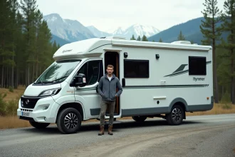 Homme descendant d'un camping-car Hymmer garé sur une route alpine entourée de forêts de pins