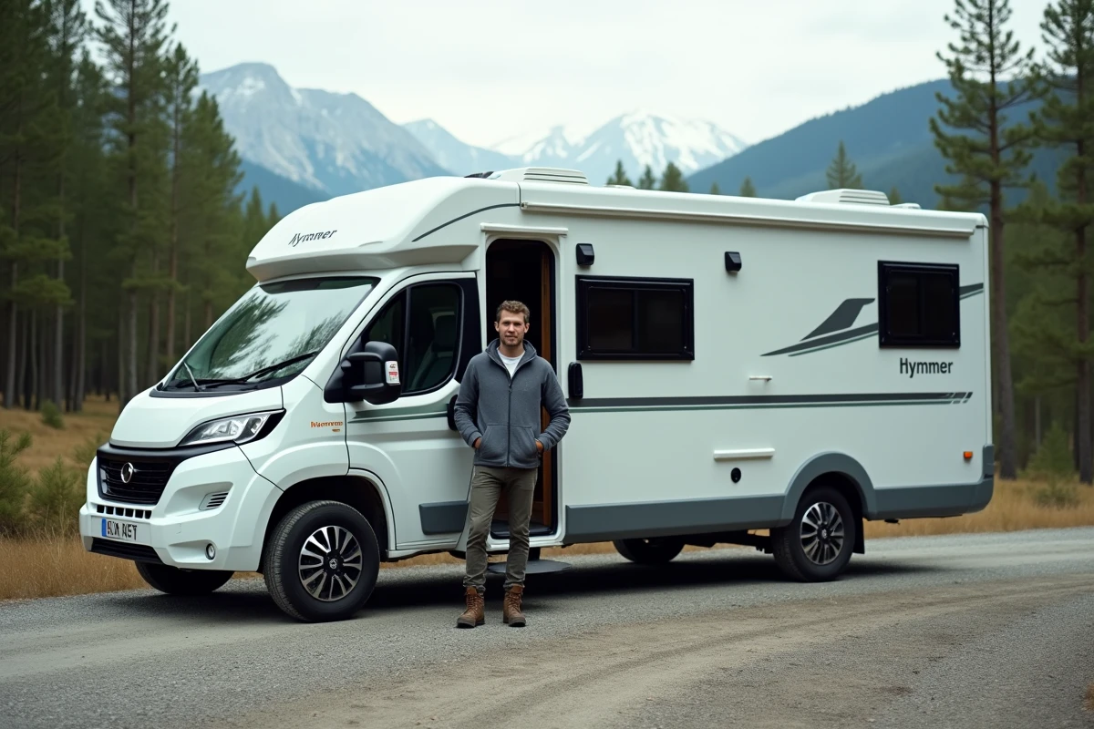 Homme descendant d'un camping-car Hymmer garé sur une route alpine entourée de forêts de pins