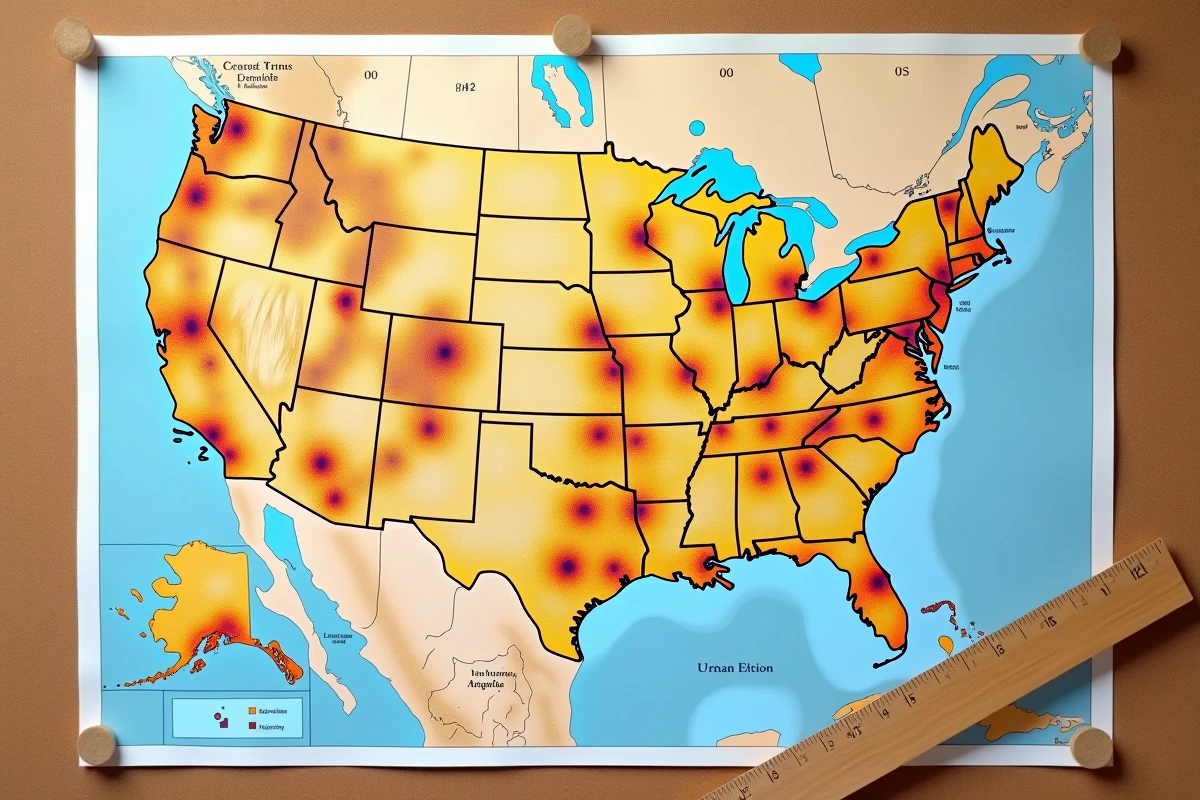 Carte imprimée des grandes aires urbaines des États-Unis avec annotations sur les zones éclairées et densités de population