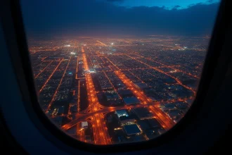 Vue aérienne d'une grande ville américaine illuminée la nuit avec son réseau de rues et autoroutes visible depuis un avion