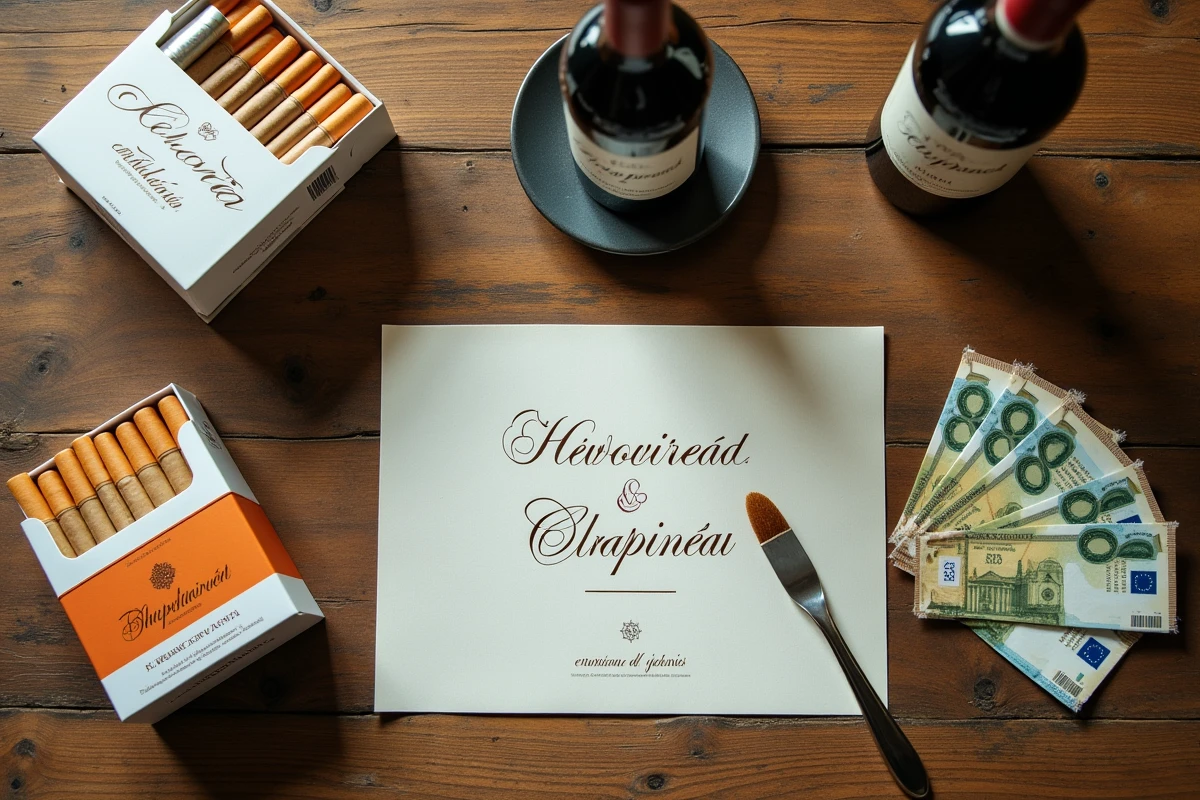 Vue à plat des cartouches de cigarettes, bouteilles de vin et documents douaniers pour un événement en Espagne