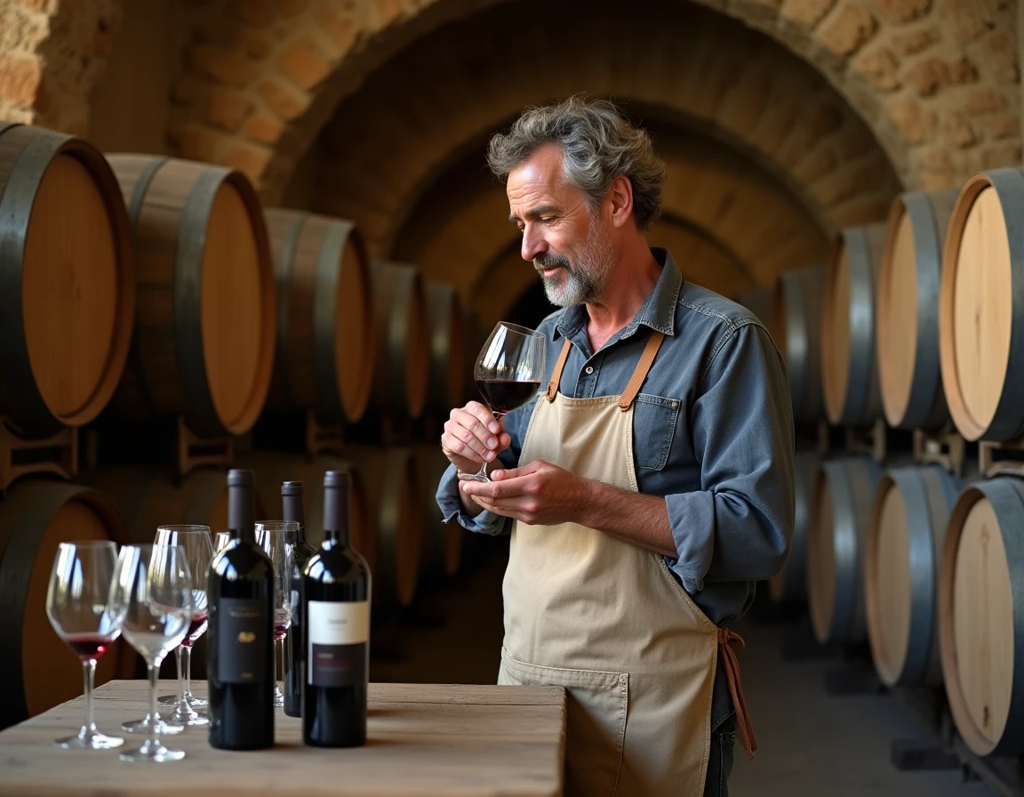 Vigneron examinant un verre de vin rouge dans une cave en pierre voûtée d'un domaine viticole du Vaucluse