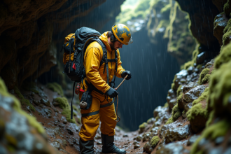 Caver homme en combinaison jaune à l'entrée d'une grotte profonde