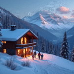 Chalet de montagne chaleureux la nuit avec famille dans la neige