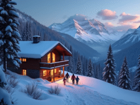 Chalet de montagne chaleureux la nuit avec famille dans la neige