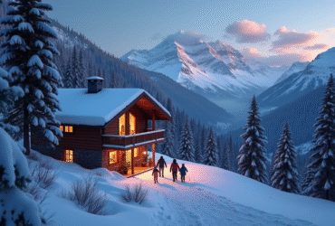 Chalet de montagne chaleureux la nuit avec famille dans la neige