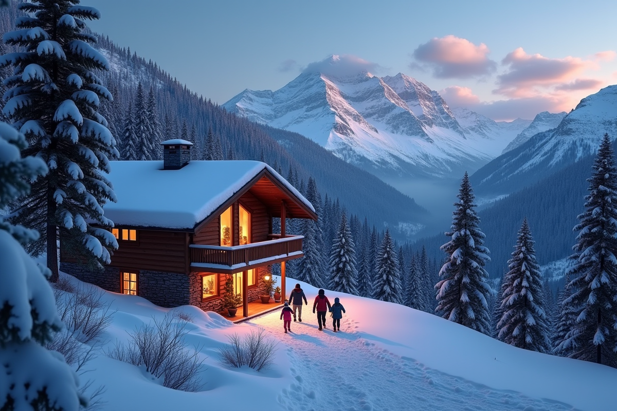 Chalet de montagne chaleureux la nuit avec famille dans la neige