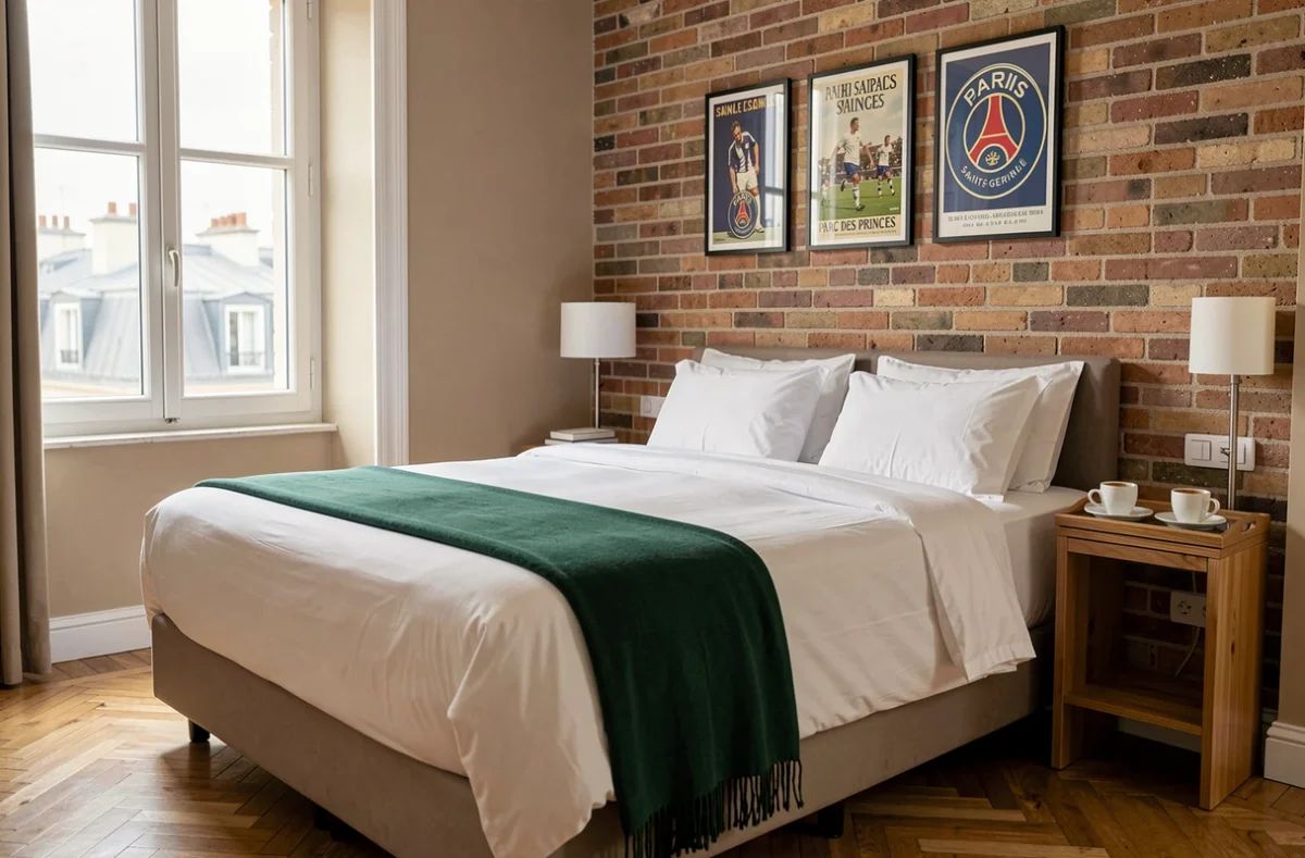 Chambre d'hôtel insolite à thème football près du Parc des Princes à Paris avec décor PSG vintage