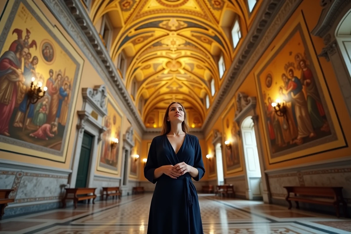 Intérieur de la Chapelle Palatine à Palerme avec ses mosaïques byzantines dorées et une visiteuse en contemplation