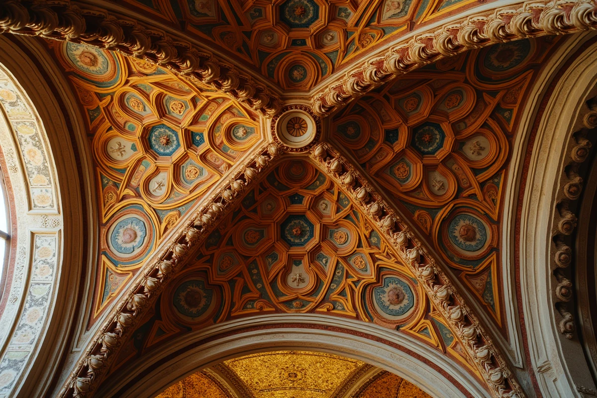 Détail du plafond à muqarnas de la Chapelle Palatine de Palerme avec ses motifs géométriques et figures peintes