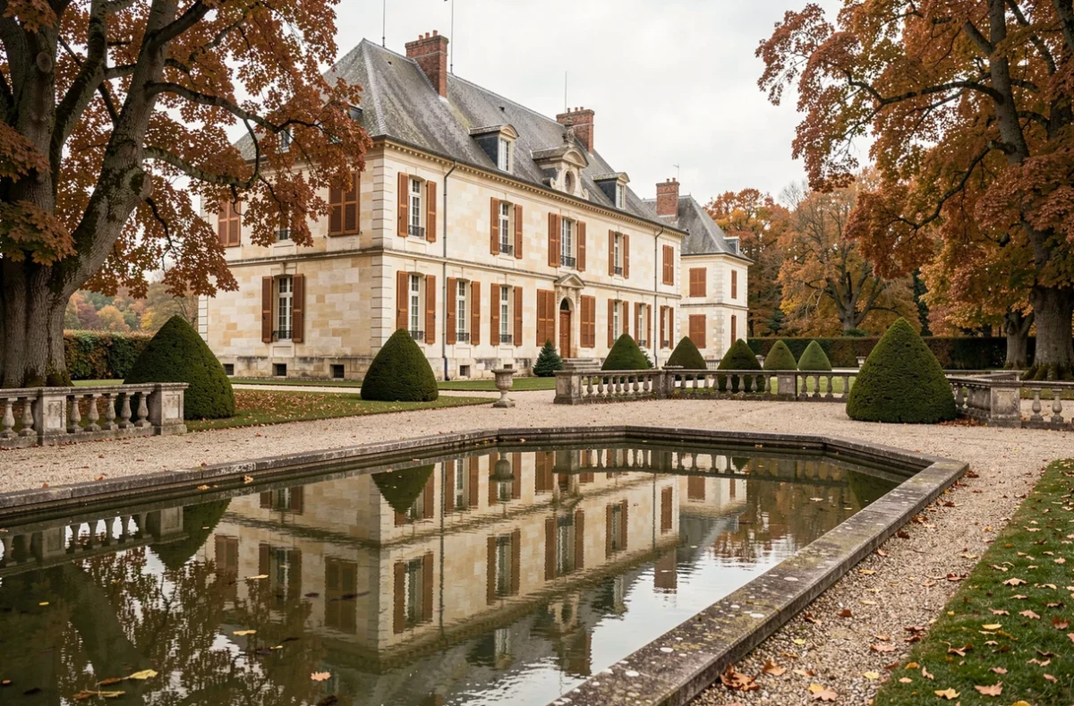 Le Château de Courcelles, hôtel de charme dans l'Aisne, avec façade en calcaire et reflet dans un bassin ornemental