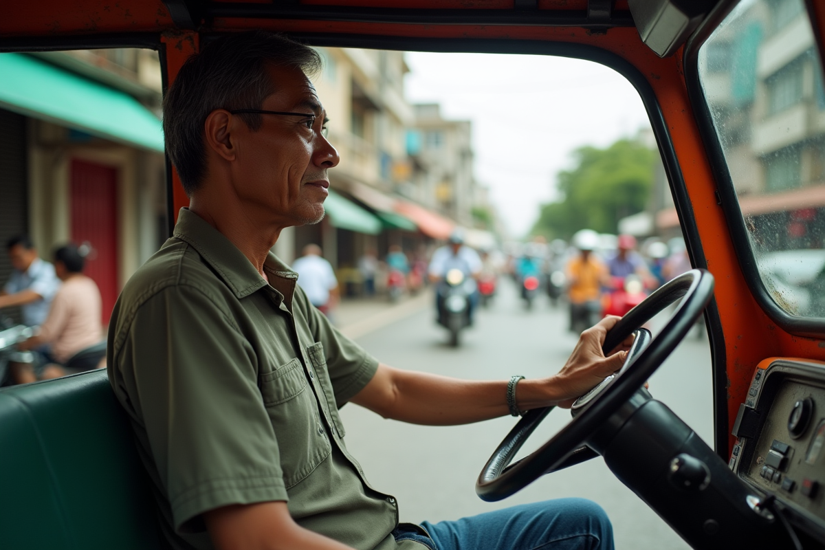Conducteur de tuk tuk asiatique regardant la ville animée