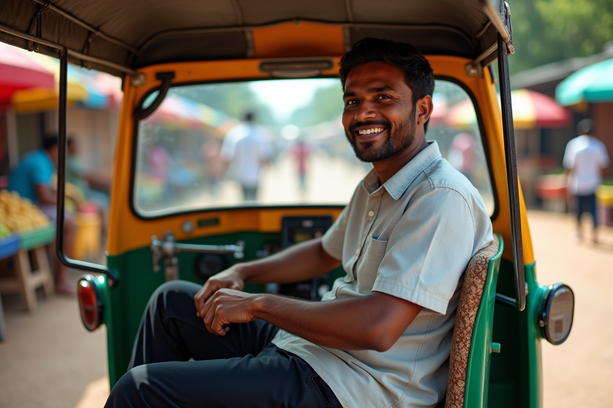 Conducteur de tuk tuk sri lankais souriant en ville