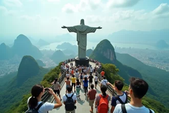 Vue en contre-plongée de la statue du Christ Rédempteur au sommet du Corcovado entourée de touristes sur la plateforme d'observation à Rio de Janeiro