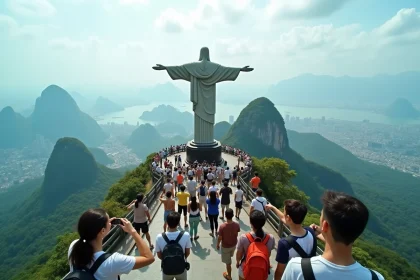 Vue en contre-plongée de la statue du Christ Rédempteur au sommet du Corcovado entourée de touristes sur la plateforme d'observation à Rio de Janeiro