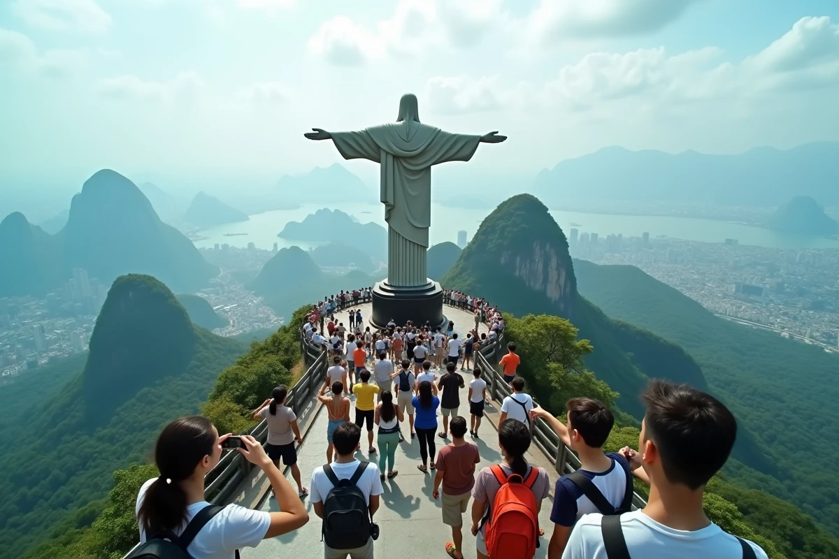 Vue en contre-plongée de la statue du Christ Rédempteur au sommet du Corcovado entourée de touristes sur la plateforme d'observation à Rio de Janeiro