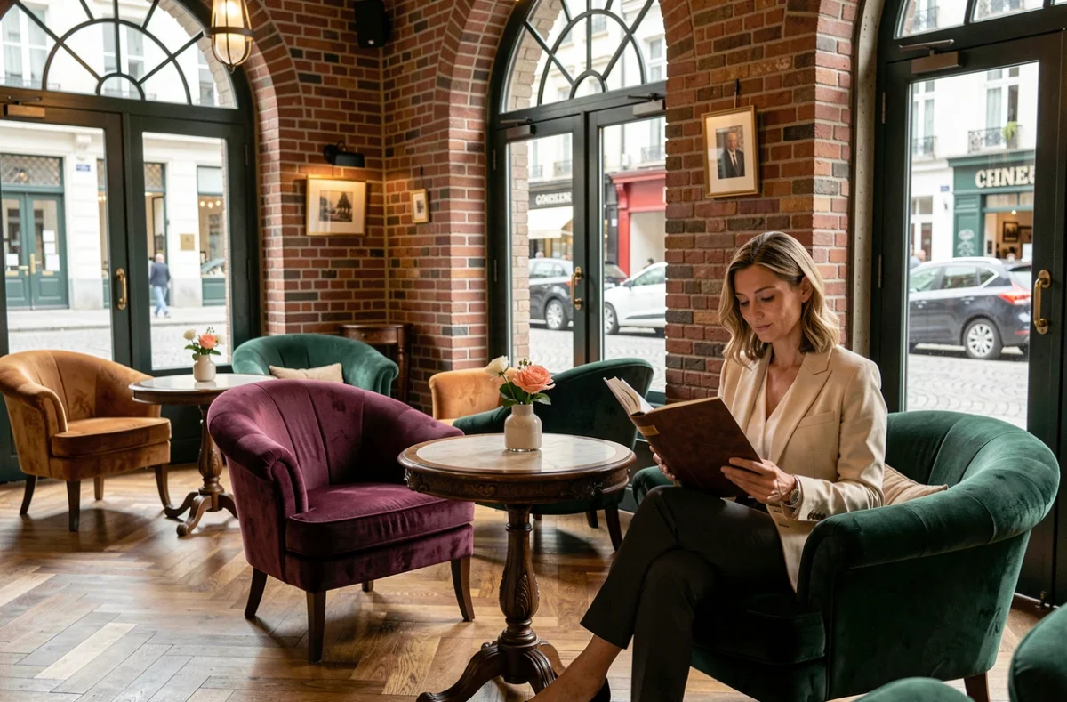 Salon du Clarance Hotel à Lille, boutique-hôtel cinq étoiles avec briques apparentes et fauteuils en velours