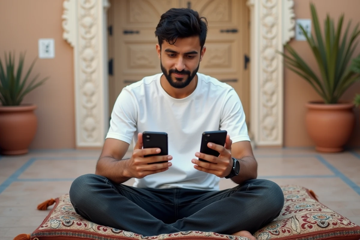 Jeune homme comparant deux forfaits téléphoniques sur un rooftop de riad marocain pour appels vers la France
