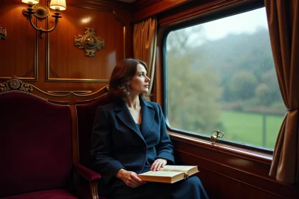 Femme élégante dans un compartiment de l'Orient Express vintage aux boiseries en acajou et velours bordeaux